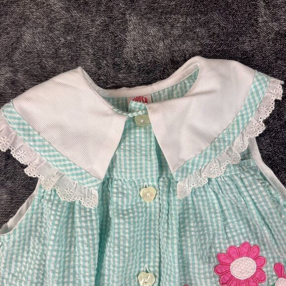 Vtg Copper Key Gingham Seersucker Peter Pan Collar Romper Girls 3T Floral - Picture 5 of 9